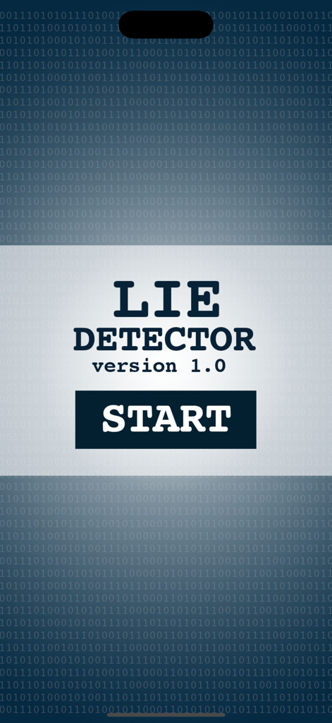 Magic Lie Detector - Start screen of the Magic Lie Detector app featuring a start button and binary code background
