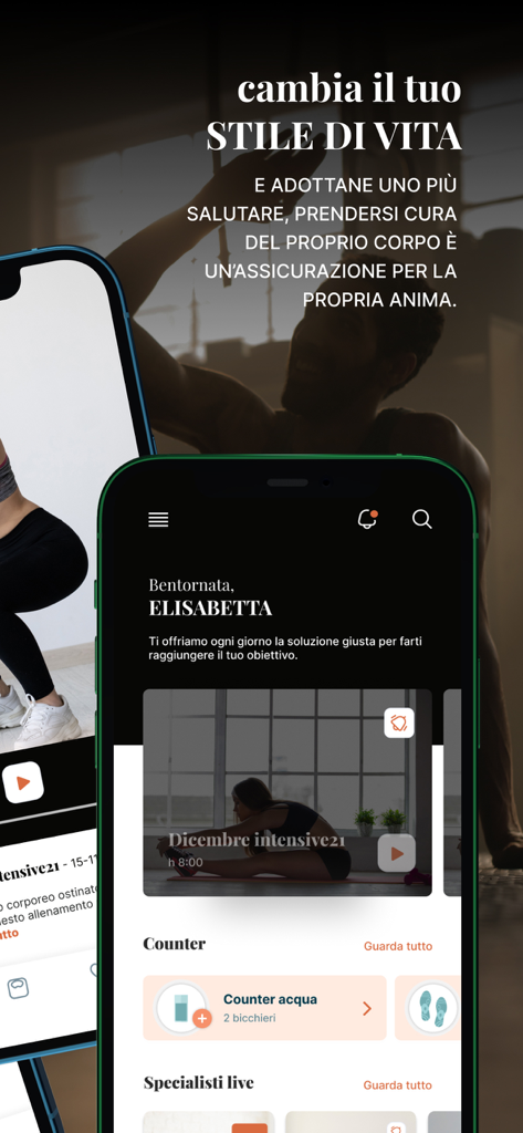 Intensive21 - Intensive21 mobile app dashboard showing a personalized greeting, workout video thumbnails, and a water intake counter
