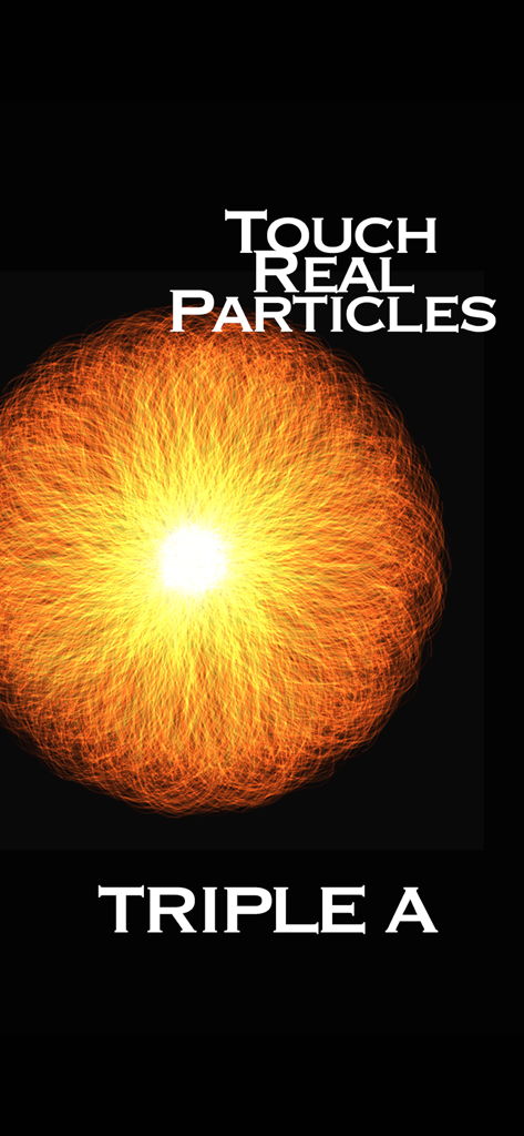 A glowing orange sphere made of thousands of particles on a black background in the Triple A app