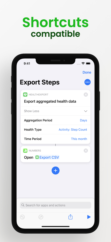 Health Export CSV - iPhone screenshot showing Health Export CSV integrated with Apple Shortcuts to automate step count data exports.