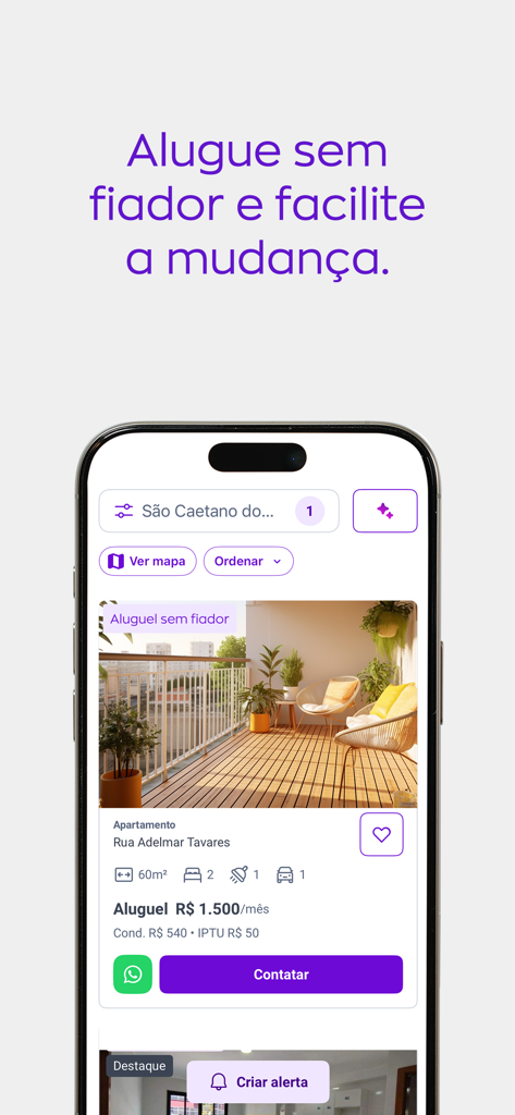 ZAP Imóveis | Compra e Aluguel - Interface do aplicativo ZAP Imoveis mostrando um anúncio de imóvel para alugar sem fiador.