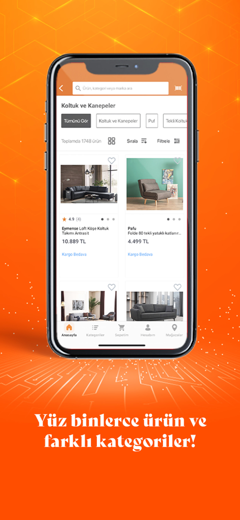 Koçtaş - Mobile interface of the Koctas app showing furniture categories and a selection of sofas and armchairs.