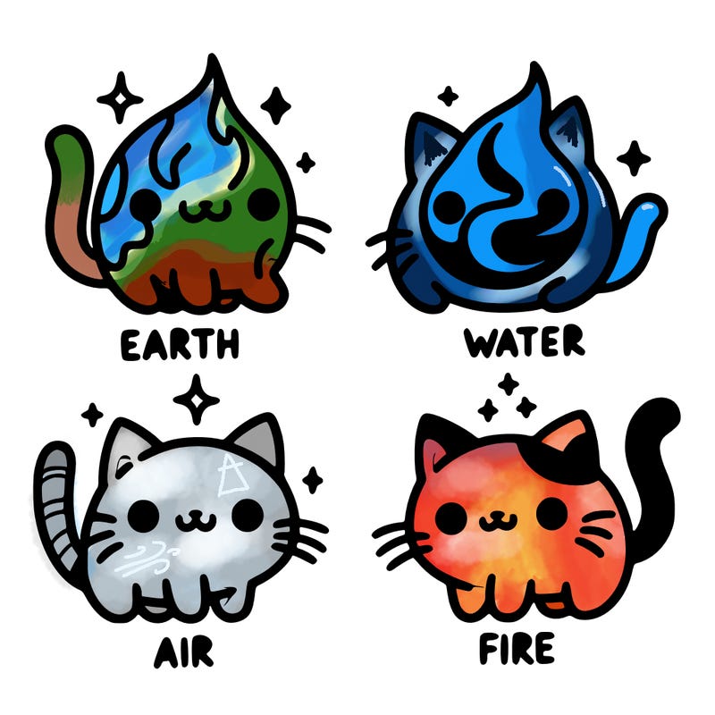 4 cats that represent the different elements, earth, water, air, and fire