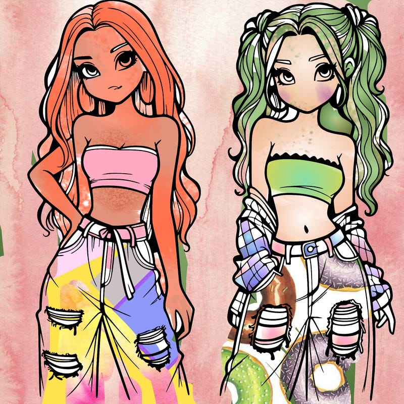 2 girls in crop tops and baggy jeans ripped