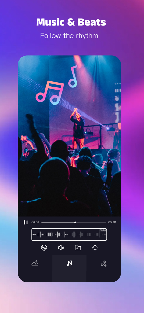 Interface de montage de musique et de rythmes de l'application Tempo montrant une vidéo de concert avec une forme d'onde audio