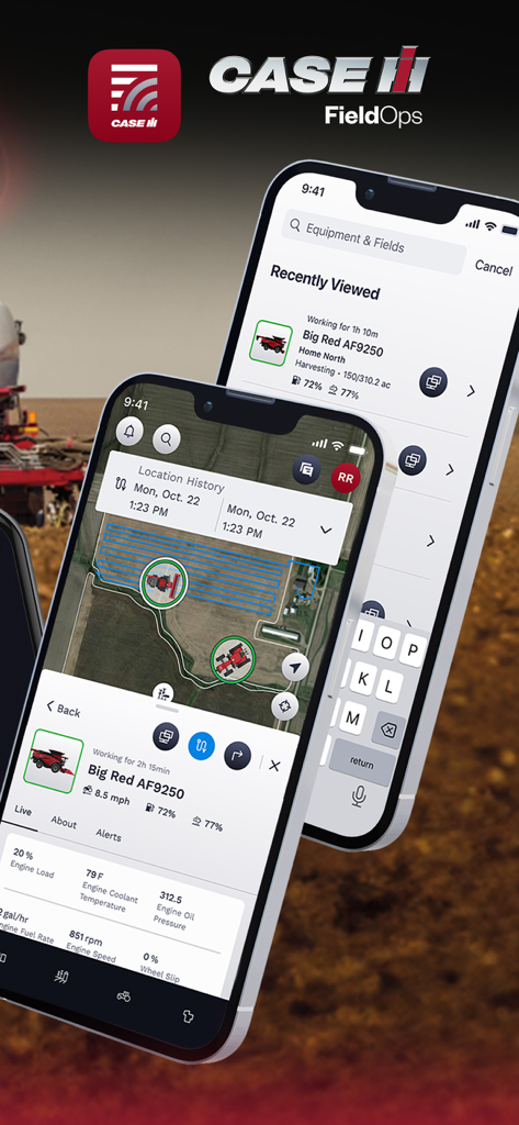 Case IH FieldOps™ - Case IH FieldOps app on smartphones displaying tractor location tracking and machine performance data