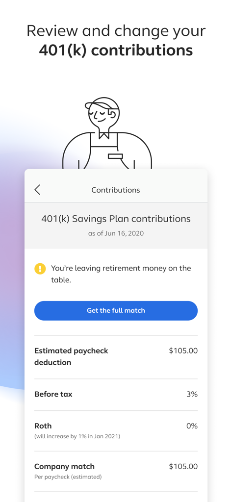 Alight Mobile app screen showing 401k savings plan contributions and company match details
