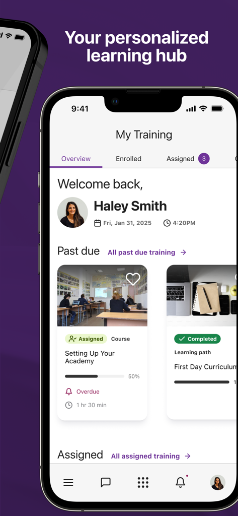 Schoox - Schoox mobile app dashboard showing training courses and user profile overview