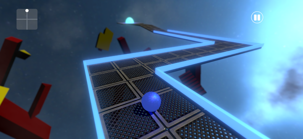 Rollz -Adventure Rolling Ball - A blue ball rolling on a metallic zigzag path with neon blue edges in a dreamlike space environment.