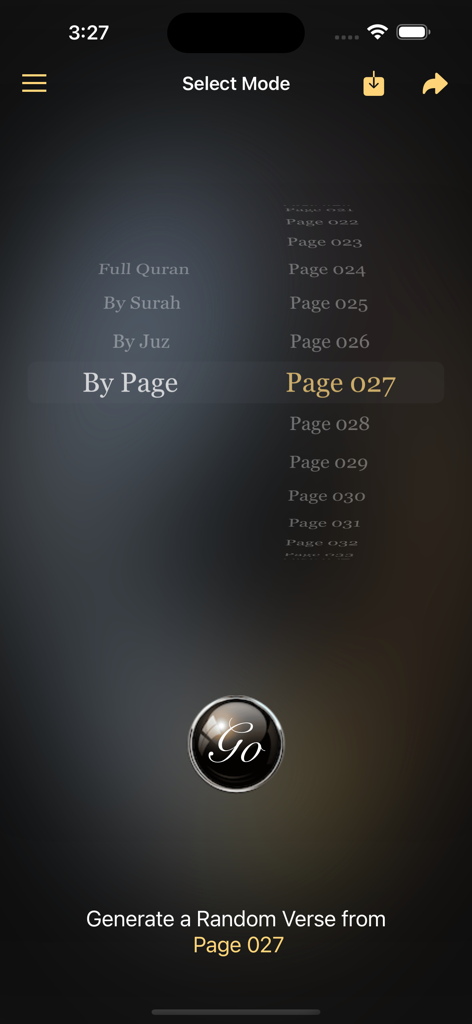 The selection mode screen of the Random Quran Verse app allowing users to choose a random verse by page number.
