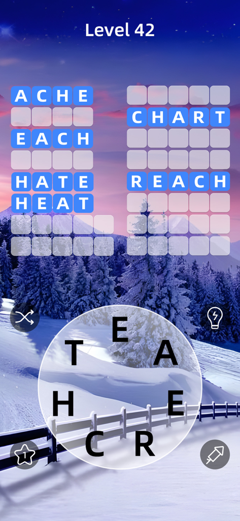 Zen Word® - Relax Puzzle Game - Interface do jogo de quebra-cabeça Zen Word com palavras sem cruzamentos sobre um fundo relaxante de paisagem de inverno nevada.