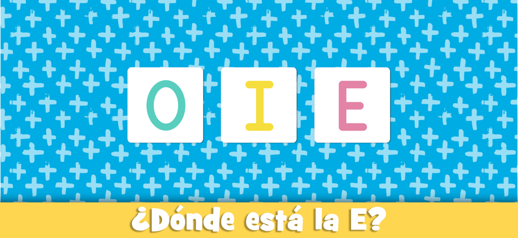 Pantalla de juego educativo en español pidiendo identificar la letra E entre tres vocales