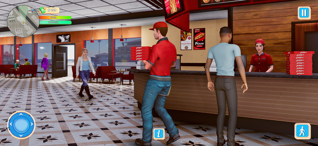 Pizza Food Delivery Boy Games - Una escena de juego de simulación 3D que muestra a un repartidor llevando cajas de pizza en un restaurante con clientes y un trabajador en el mostrador.
