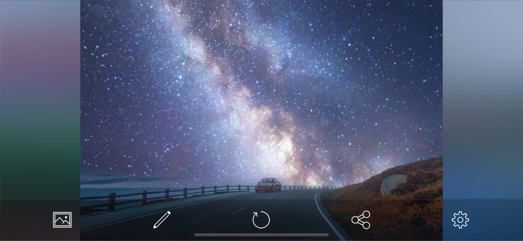 SkyAR - AI Change Photo Sky - SkyAR app interface showing a car on a road with a dramatic AI replaced starry night sky