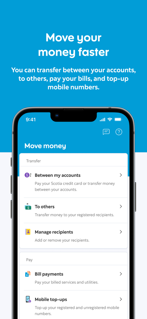 Scotia Caribbean - Interfaz de la aplicación Scotia Caribbean para transferencias de dinero, pagos de facturas y recargas móviles