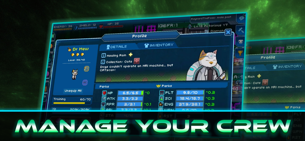 Pixel Starships™ - Profile screen showing a cat doctor crew member with stats in Pixel Starships