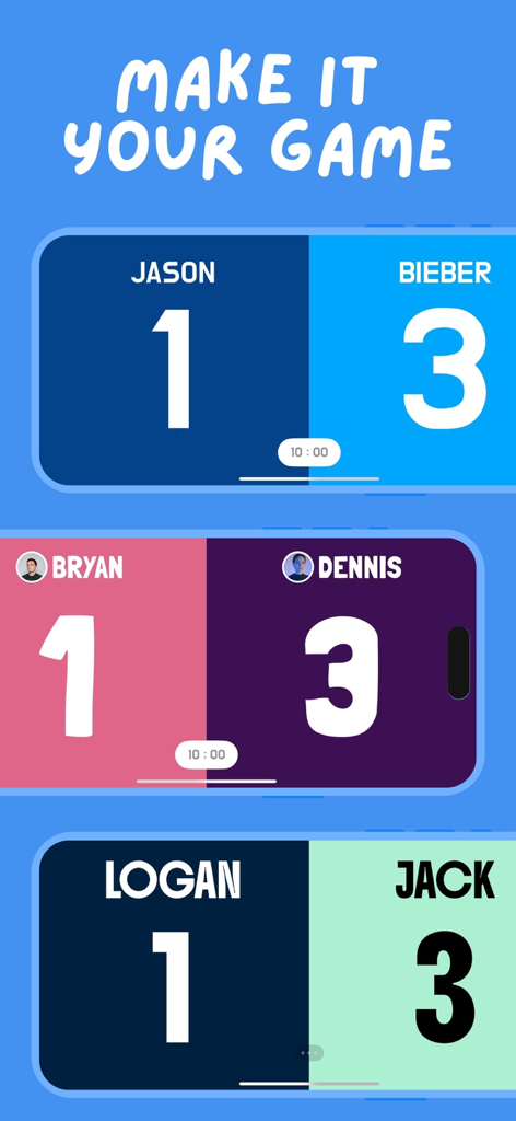 Scoreboard: Keep 2 Teams Score - Exemplos de placares digitais personalizados com diferentes temas de cores, nomes de jogadores e fotos de perfil