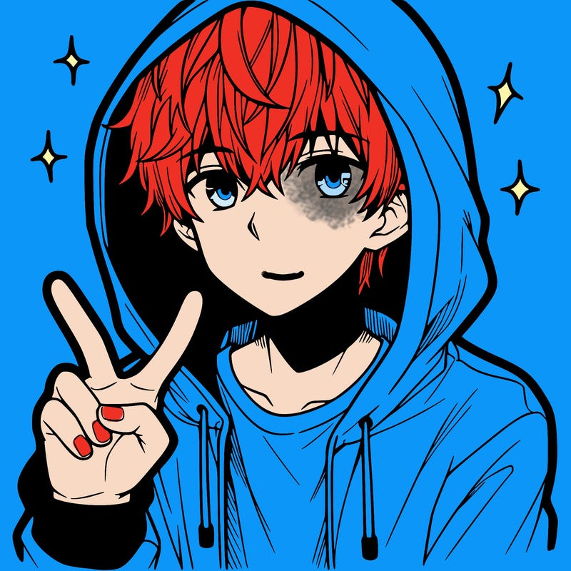 teenage manga boy in a hoodie, doing ✌