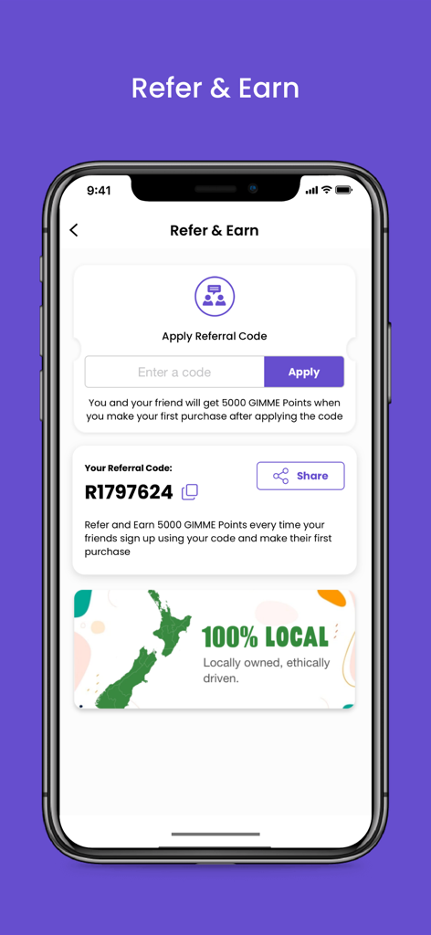 GIMME Drinks app Refer and Earn screen showing a referral code and promotional banner for New Zealand
