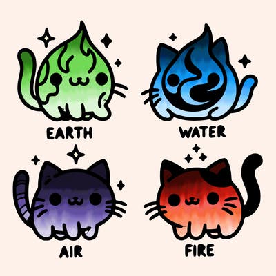 4 cats that represent the different elements, earth, water, air, and fire