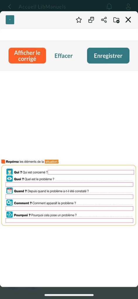 Lib Manuels - Interface d'un exercice de manuel numérique dans l'application Lib Manuels présentant des questions de compréhension de la langue française.