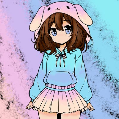 pretty anime girl wearing a fluffy hoodie with bunny ears on the hood and a skirt