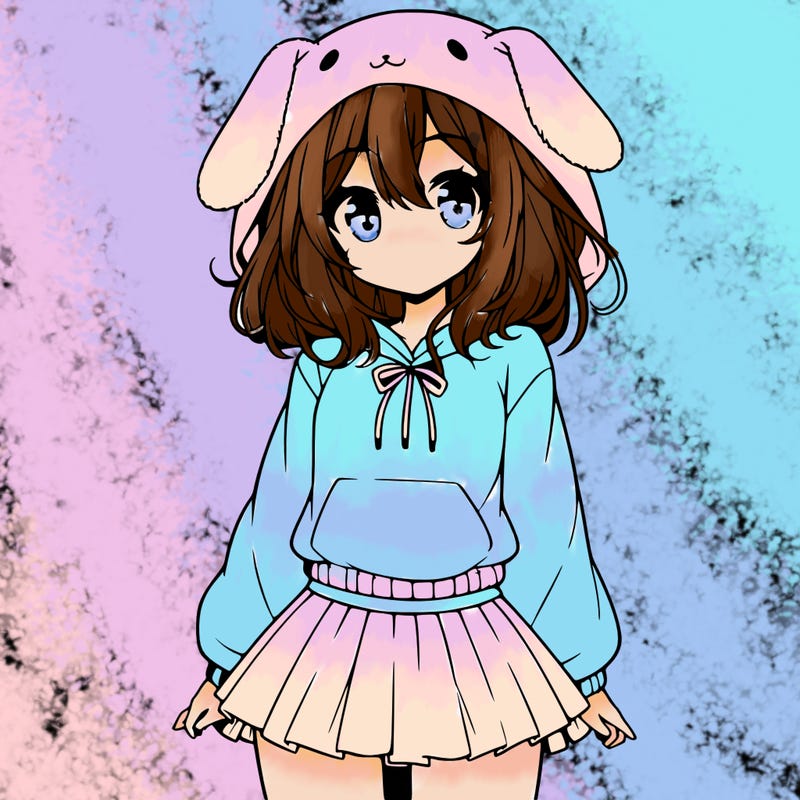 pretty anime girl wearing a fluffy hoodie with bunny ears on the hood and a skirt