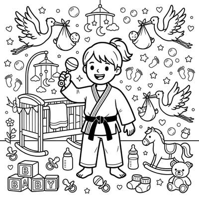 Get ready to celebrate new beginnings with this charming Judoka Baby Shower coloring page! It features an adorable judoka amidst a delightful array of baby essentials, perfect for a heartwarming coloring session.
