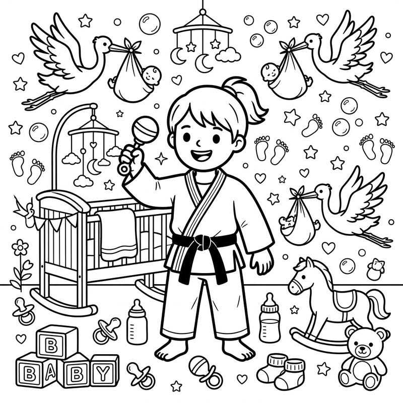 Get ready to celebrate new beginnings with this charming Judoka Baby Shower coloring page! It features an adorable judoka amidst a delightful array of baby essentials, perfect for a heartwarming coloring session.