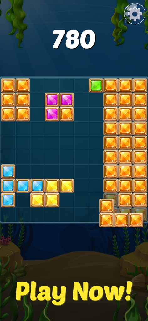 Block Ocean Puzzle 1010 - Gameplay of Block Ocean Puzzle 1010 showing colorful gem blocks on an underwater grid with a score of 780.