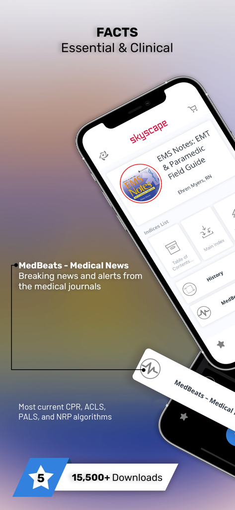 Mobile app interface for EMS Notes EMT and Paramedic field guide highlighting clinical facts and medical news