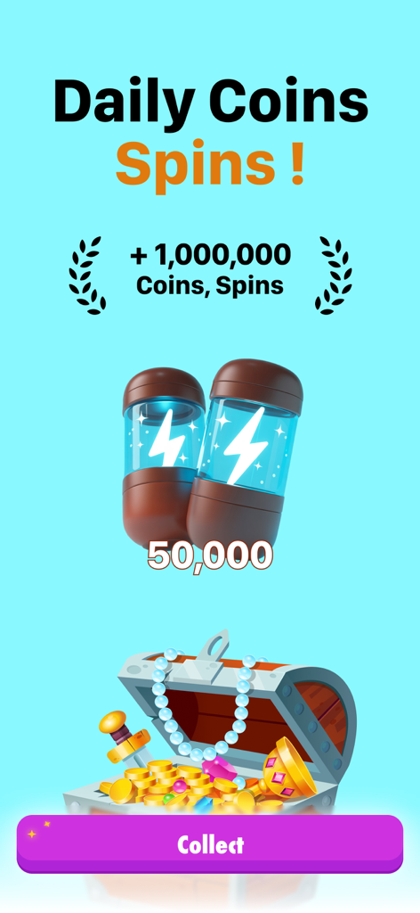 Spin Link Coin Spins: Spinlink - Daily coins and spins reward collection screen in the Spin Link app featuring a treasure chest and a collect button