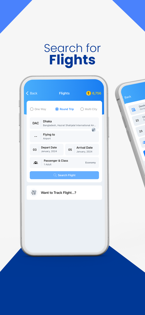 ShareTrip: Flight Shop Voucher - ShareTrip mobile app interface showing flight search options for round trip travel from Dhaka