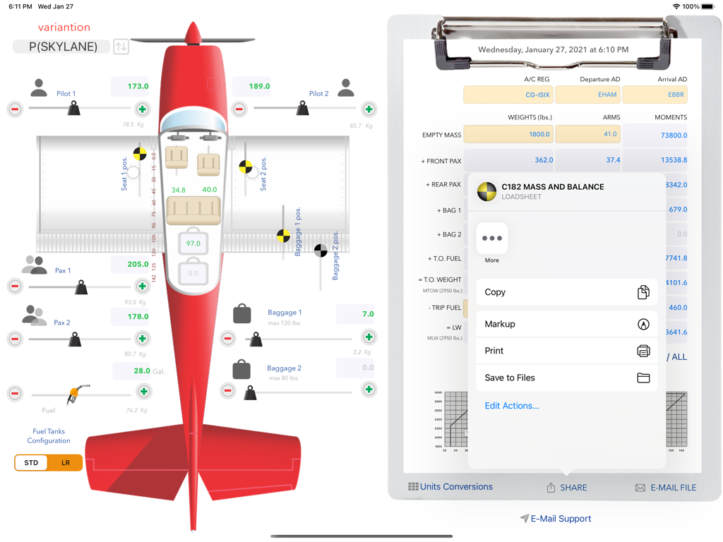 C182 M&B App, die ein Flugzeugbeladungsdiagramm und Optionen zum Exportieren der Beladungsliste auf einem iPad anzeigt.
