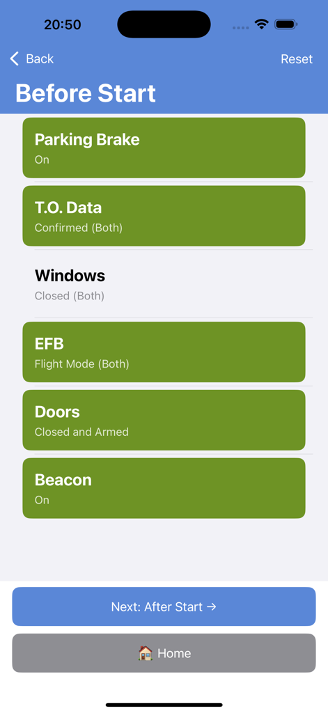 A320 Checklist - Interface of the A320 Checklist app showing a Before Start list with several items checked in green