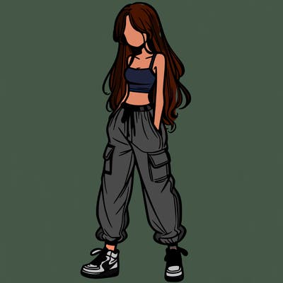 girl in baggy pants crop top and long hair