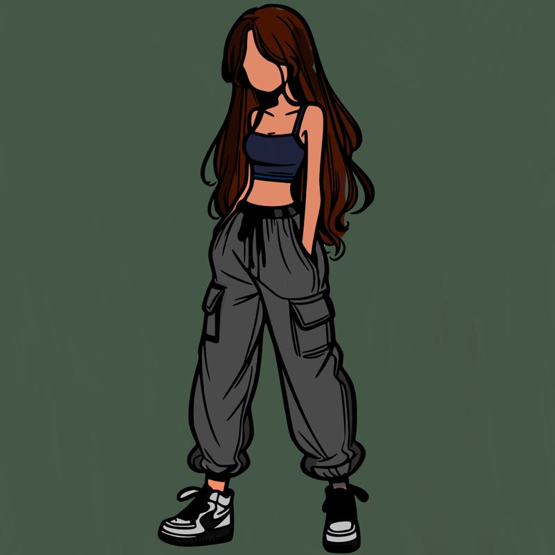 girl in baggy pants crop top and long hair