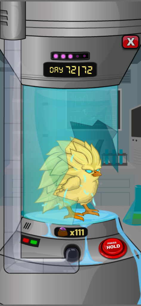 Manok Na Pula - Multiplayer - A yellow bird with spiky blonde hair inside a laboratory glass incubator