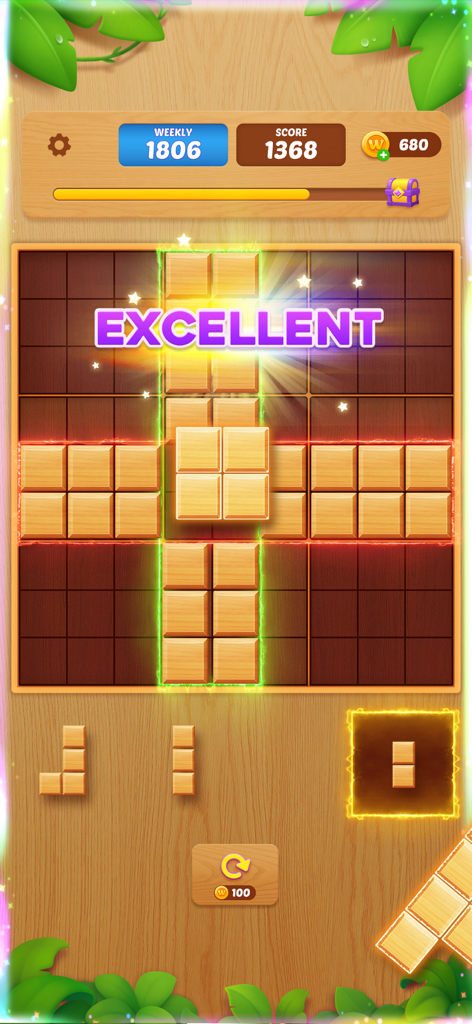 Block Crush: Wood Block Puzzle - A gameplay screenshot of Block Crush showing a wood block puzzle grid with an excellent move notification
