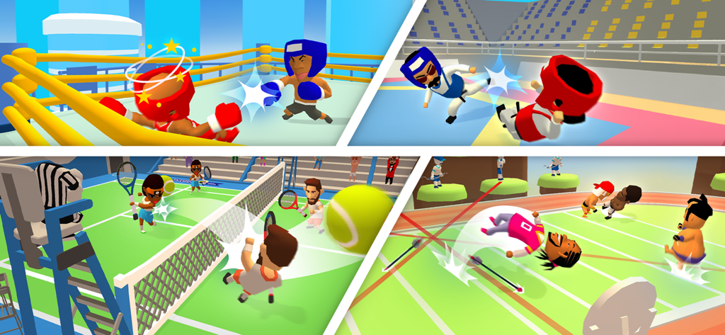 I, The One - Fighting Games - A collage showing various low-poly fighting modes and sports arenas with ragdoll physics gameplay