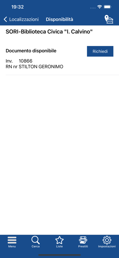 Mobile screen showing book availability at Sori Library with a request button in the bi.G.met app.