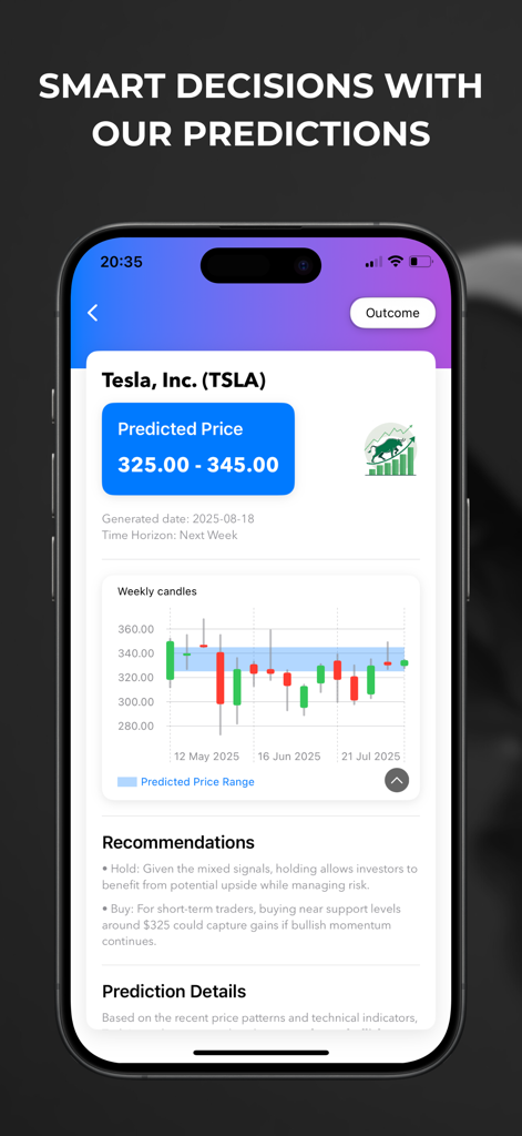 Finnext: AI Stock Forecasts - Finnext mobile app interface showing AI stock price predictions and candlestick chart analysis for Tesla