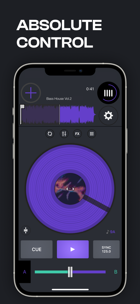 Cross DJ Pro mobile interface with a purple virtual turntable and playback controls on an iPhone