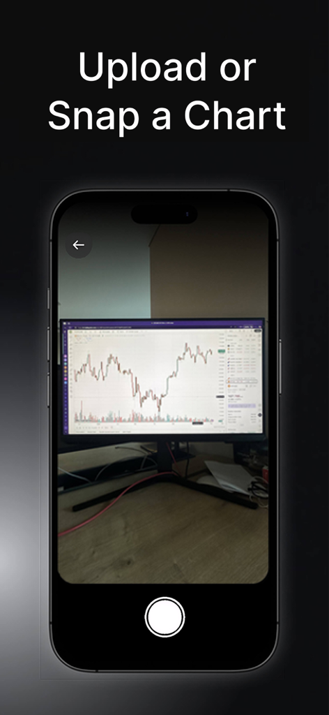 Chart AI - Trading Analysis - Interfaz de la aplicación Chart AI que muestra la función para subir o tomar una foto de un gráfico de trading usando la cámara del teléfono.