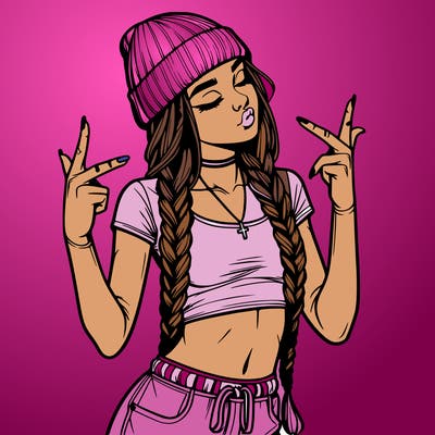 realistic teenage girl with braids and a beanie and crop top doing 🫶🏼