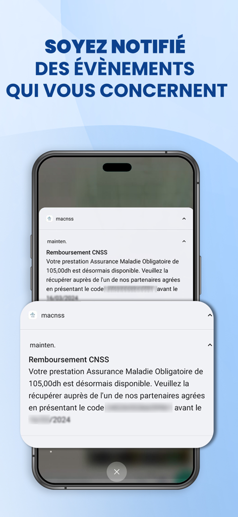 Ma CNSS app notification screen displaying health insurance reimbursement alerts.