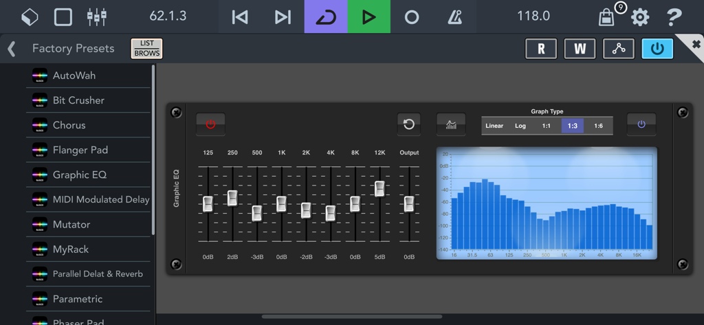 NuRack Auv3 FX Processor - NuRack AUv3 FX Processor interface showing a graphic equalizer module with frequency faders and a spectral visualizer graph.