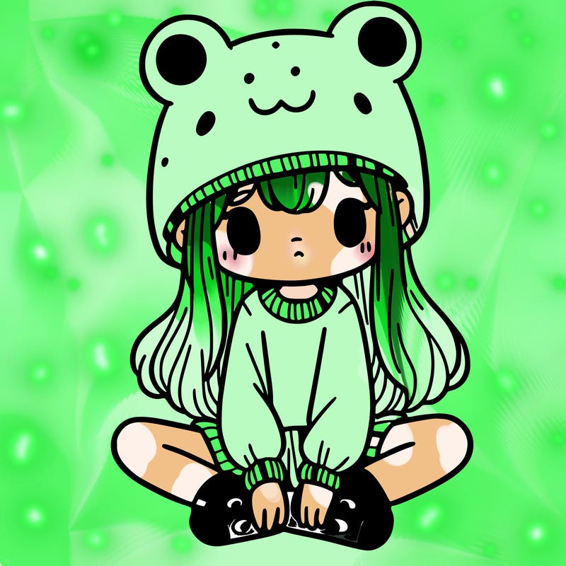 a girl wearing a frog hat and some frog socks