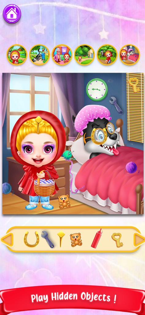Little Red Ridding Hood Game - Little Red Riding Hood character standing next to a bed where the wolf is hiding in a hidden objects game level