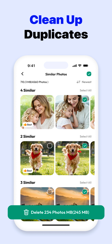 Clean Master app interface showing a list of similar photos including a mother and child and a dog ready for deletion to free up space